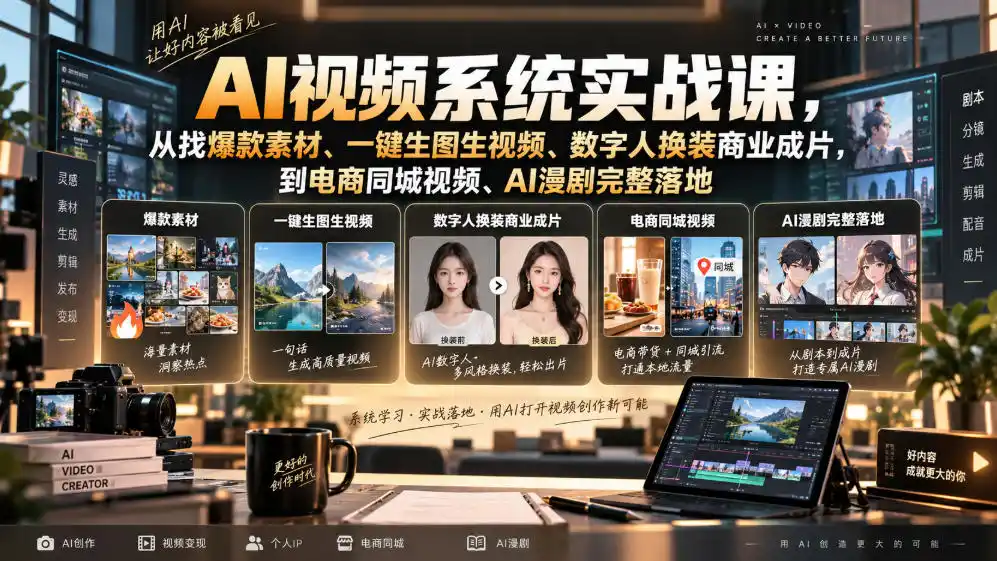 AI视频系统实战课，从找爆款素材、一键生图生视频、数字人换装商业成片，到电商同城视频、AI漫剧完整落地-小创项目网