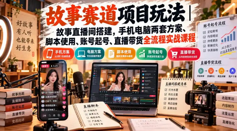 故事赛道项目玩法｜故事直播间搭建，手机电脑两套方案、脚本使用、账号起号、直播带货全流程实战课程-寒山客