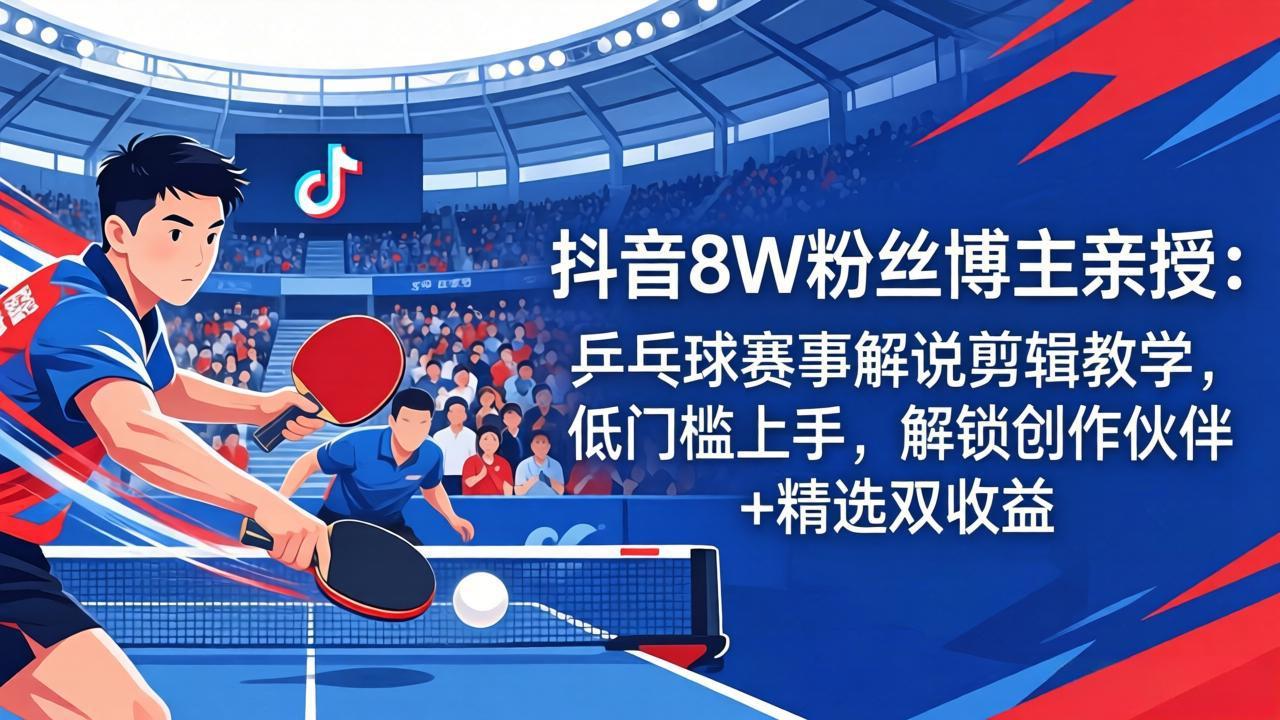 抖音8W粉丝博主亲授：乒乓球赛事解说剪辑教学，低门槛上手，解锁创作伙伴+精选双收益-小创项目网