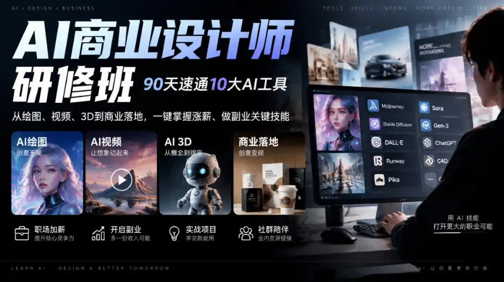 AI商业设计师研修班，90天速通10大AI工具，从绘图、视频、3D到商业落地，一键掌握涨薪、做副业关键技能-小创项目网