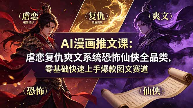 AI漫画推文课：虐恋复仇爽文系统恐怖仙侠全品类，零基础快速上手爆款图文赛道-寒山客