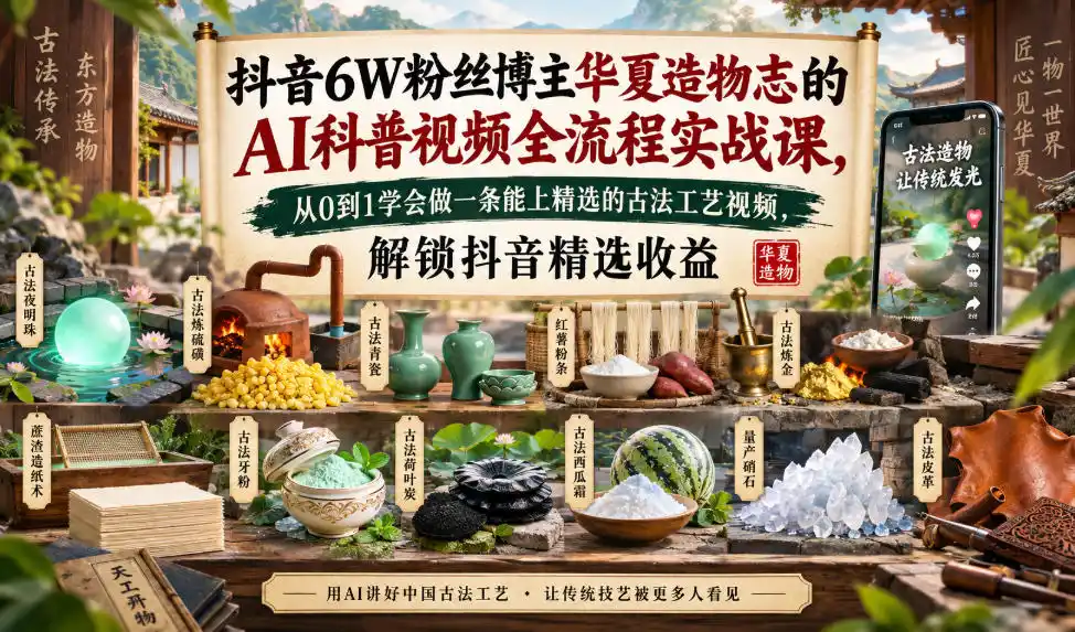 抖音6W粉丝博主华夏造物志的AI科普视频全流程实战课，从0到1学会做一条能上精选的古法工艺视频，解锁抖音精选收益-寒山客