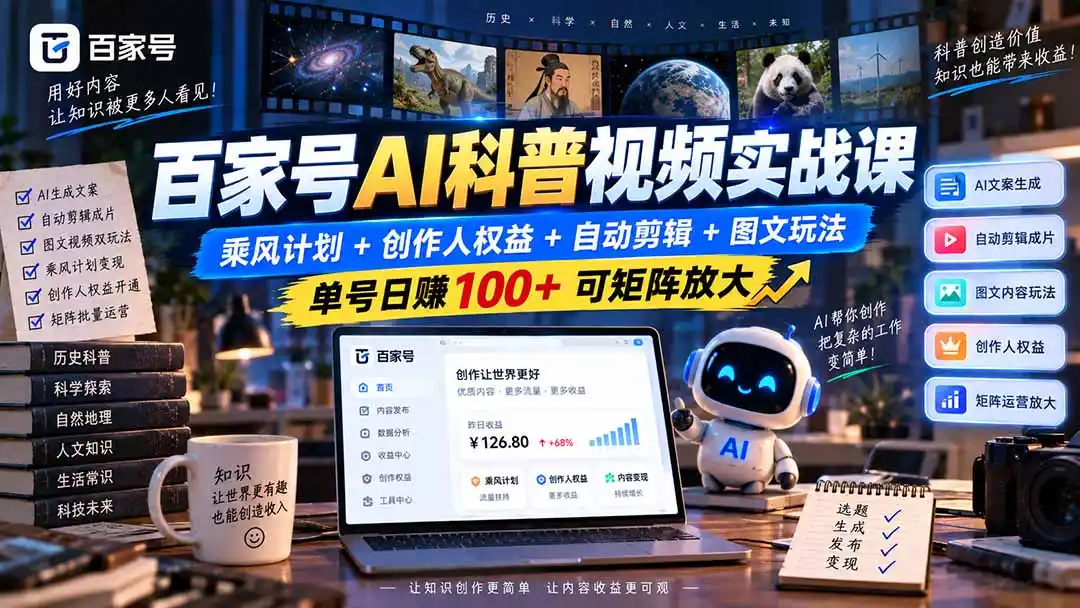 百家号AI科普视频实战课：乘风计划+创作人权益+自动剪辑+图文玩法，单号日赚100+可矩阵放大-寒山客