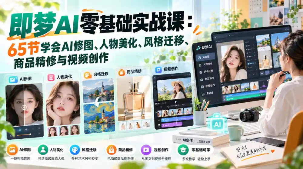 即梦AI零基础实战课：65节学会AI修图、人物美化、风格迁移、商品精修与视频创作-小创项目网