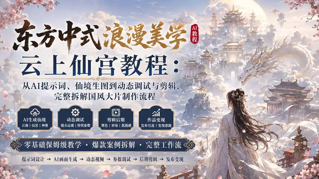 东方中式浪漫美学云上仙宫教程：从AI提示词、仙境生图到动态调试与剪辑，完整拆解国风大片制作流程-小创项目网