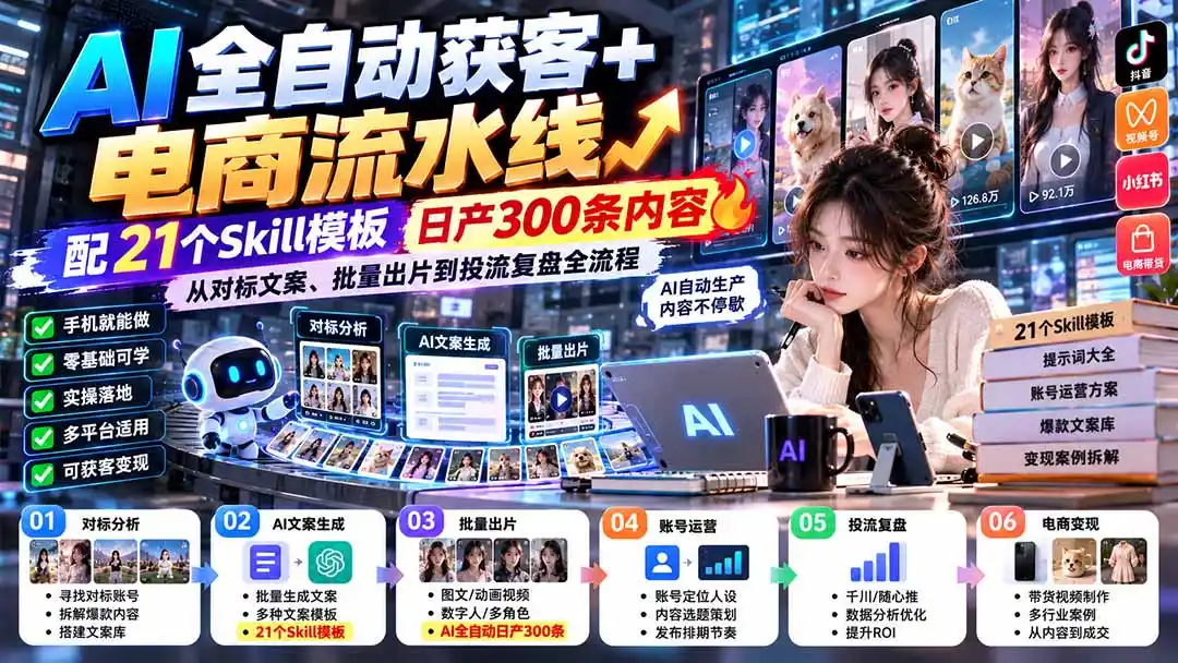 【无水印】AI全自动获客+电商流水线:配21个Skill模板,日产300条内容,从对标文案、批量出片到投流复盘全流程-寒山客