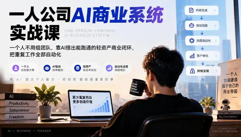 一人公司AI商业系统实战课，一个人不用组团队，靠AI搭出能跑通的轻资产商业闭环，把重复工作全部自动化-小创项目网