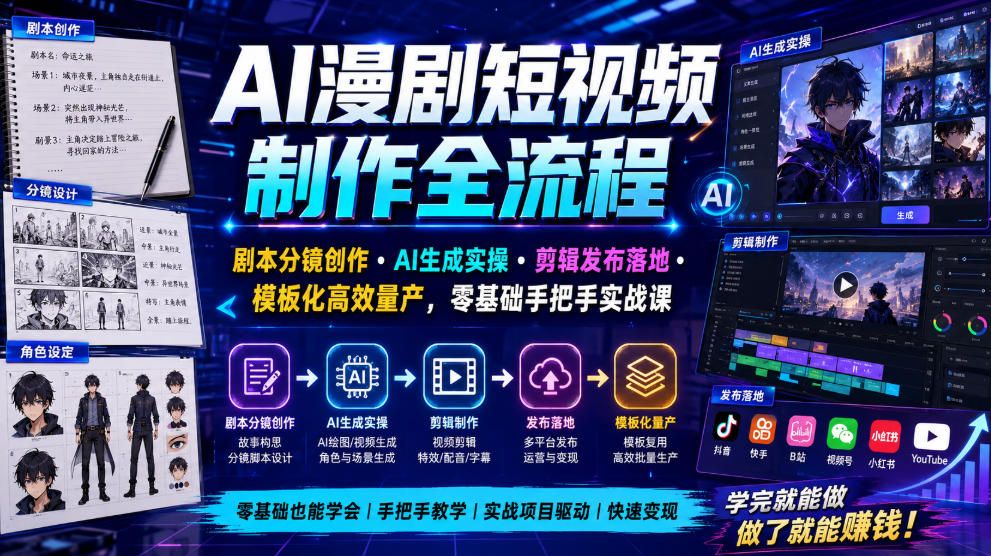 AI漫剧短视频制作全流程｜剧本分镜创作・AI生成实操・剪辑发布落地・模板化高效量产，零基础手把手实战课-小创项目网