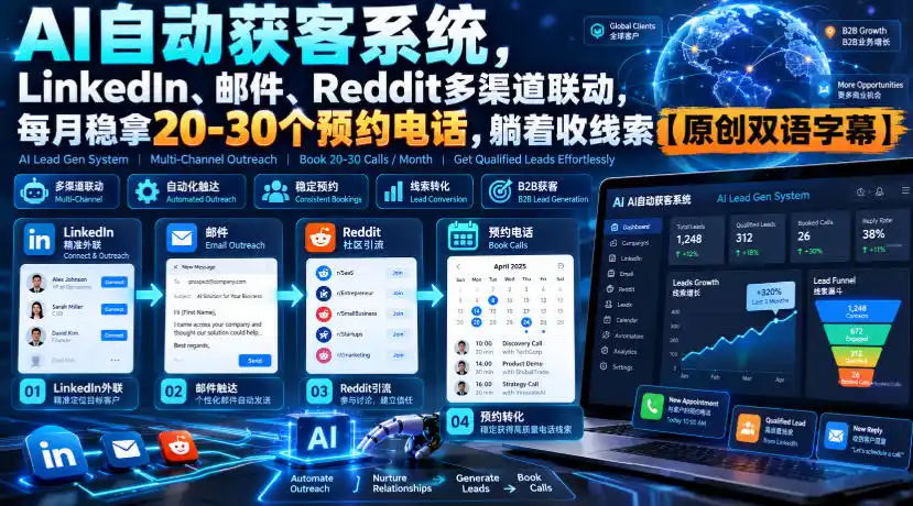 【无水印】AI自动获客系统，LinkedIn、邮件、Reddit多渠道联动，每月稳拿20-30个预约电话，躺着收线索【原创双语字幕】-小创项目网