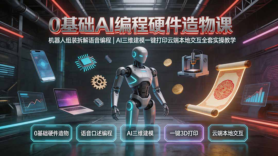 0基础AI编程硬件造物课｜机器人组装拆解语音编程，AI三维建模一键打印云端本地交互全套实操教学-寒山客