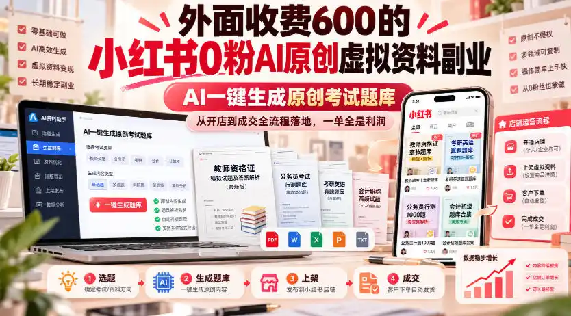 外面收费600的小红书0粉AI原创虚拟资料副业，AI一键生成原创考试题库，从开店到成交全流程落地，一单全是利润-小创项目网