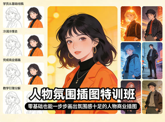 人物氛围插图特训班，零基础也能一步步画出氛围感十足的人物商业插图-小创项目网
