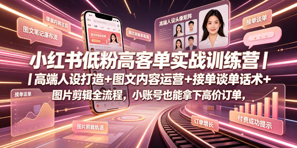 小红书低粉高客单实战训练营｜高端人设打造+图文内容运营+接单谈单话术+图片剪辑全流程，小账号也能拿下高价订单-寒山客