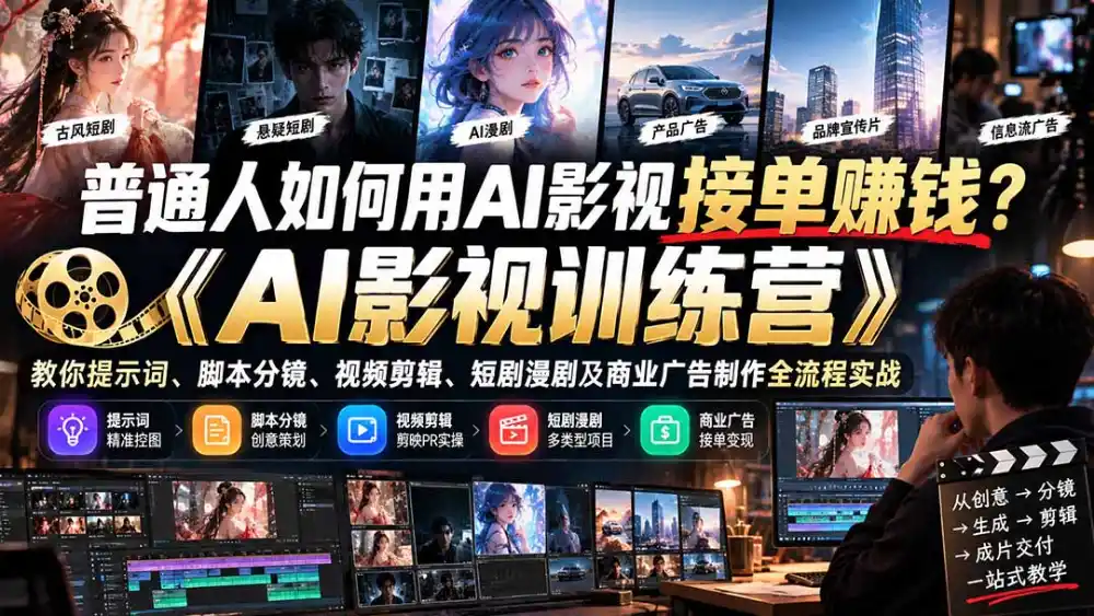普通人如何用AI影视接单赚钱？《AI影视训练营》教你提示词、脚本分镜、视频剪辑、短剧漫剧及商业广告制作全流程实战-小创项目网