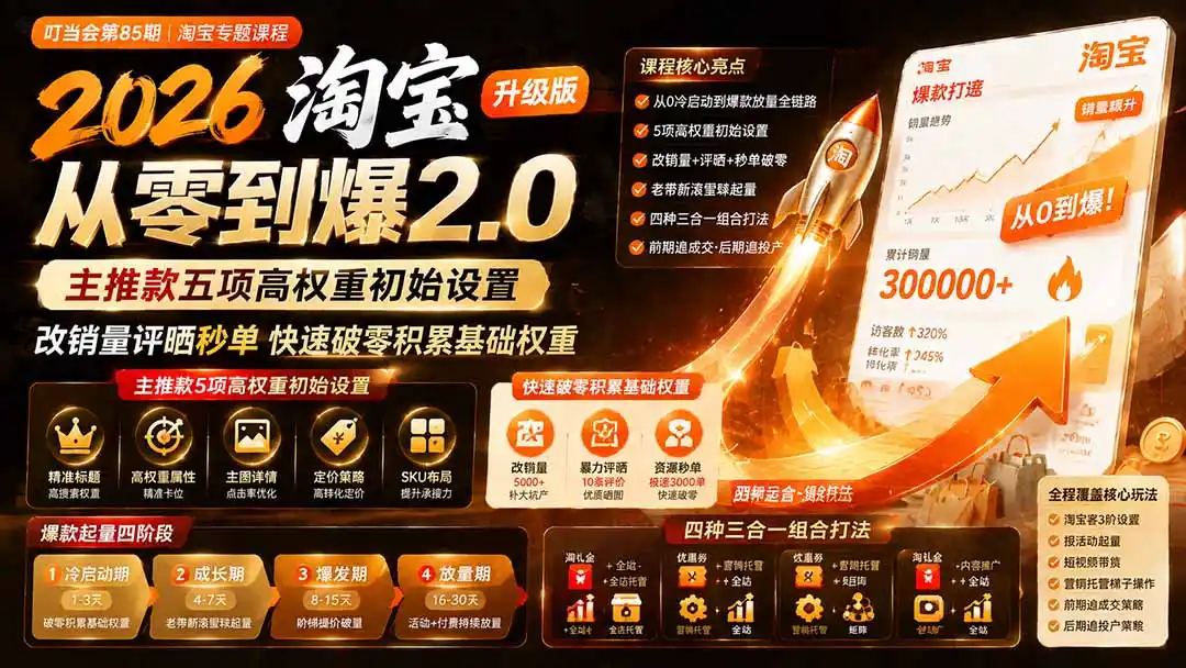 2026淘宝从零到爆2.0第85期；主推款五项高权重初始设置，改销量评晒秒单快速破零积累基础权重-小创项目网