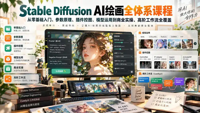 【无水印】Stable Diffusion AI绘画全体系课程，从零基础入门、参数原理、插件控图、模型运用到商业实操、高阶工作流全覆盖-寒山客