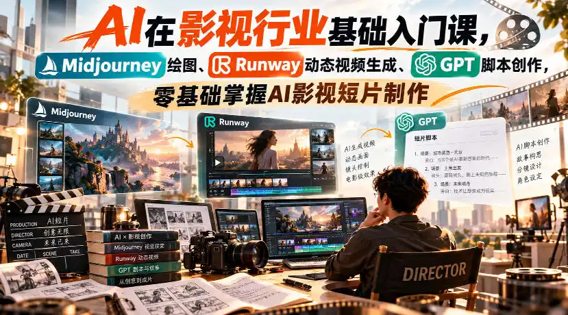【无水印】AI在影视行业基础入门课，Midjourney绘图、Runway动态视频生成、GPT脚本创作，零基础掌握AI影视短片制作-寒山客