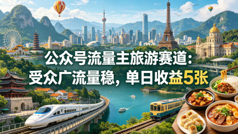 公众号流量主之旅游赛道，受众广+流量稳，平均单日收益5张+-小创项目网