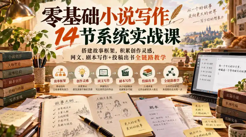 零基础小说写作14节系统实战课，搭建故事框架，积累创作灵感，网文、剧本写作+投稿出书全链路教学-小创项目网