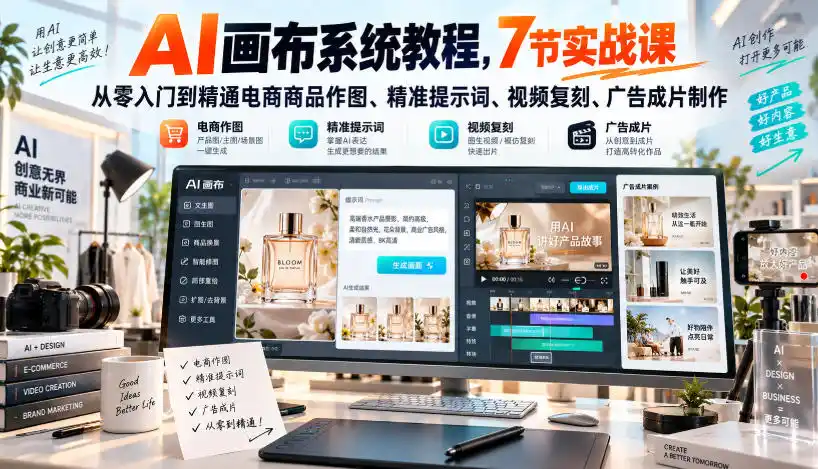 AI画布系统教程，7节实战课从零入门到精通电商商品作图、精准提示词、视频复刻、广告成片制作-寒山客