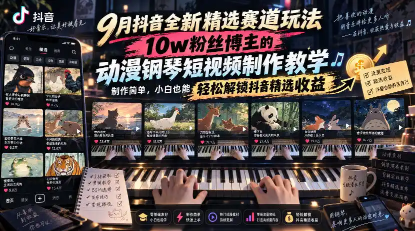 9月抖音全新精选赛道玩法,10w粉丝博主的动漫钢琴短视频制作教学,制作简单,小白也能轻松解锁抖音精选收益-寒山客
