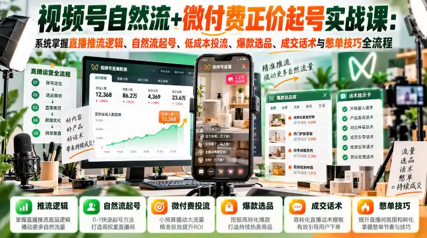 视频号自然流+微付费正价起号实战课：系统掌握直播推流逻辑、自然流起号、低成本投流、爆款选品、成交话术与憋单技巧全流程-小创项目网