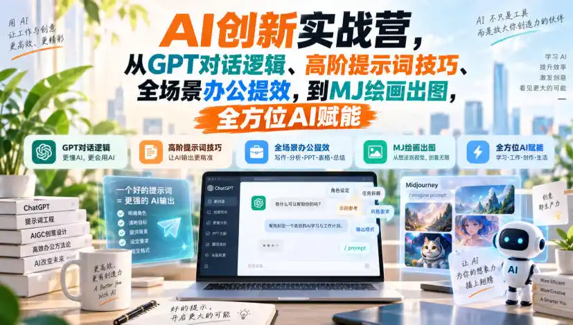 AI创新实战营，从GPT对话逻辑、高阶提示词技巧、全场景办公提效，到MJ绘画出图，全方位AI赋能-小创项目网