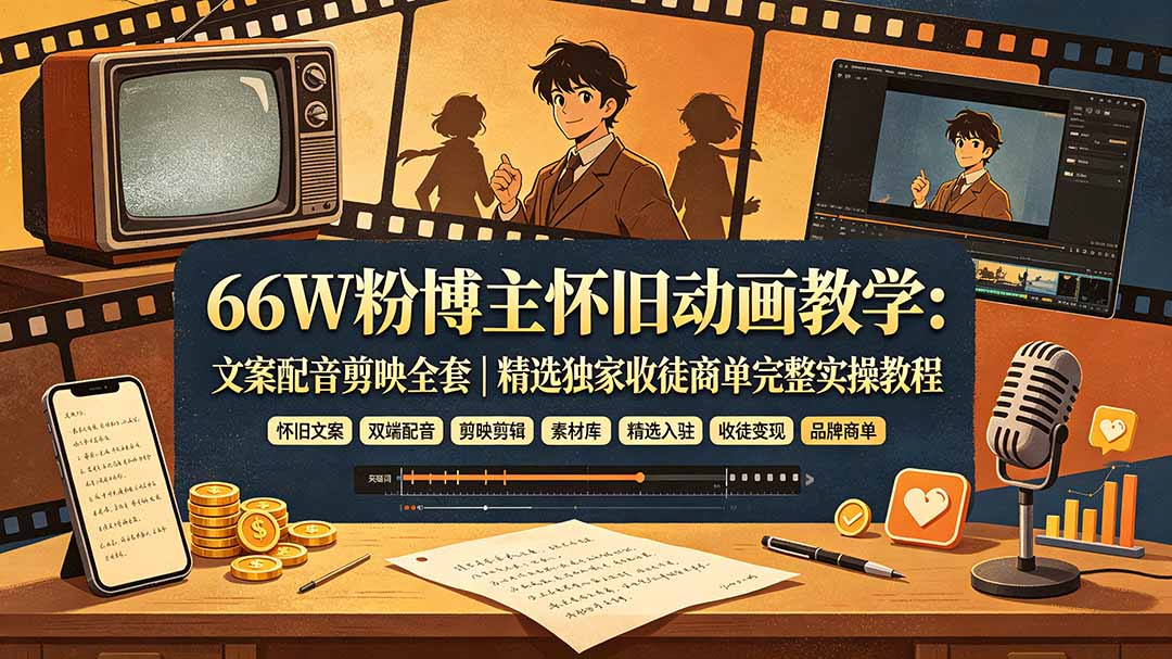 66W粉博主怀旧动画教学：文案配音剪映全套｜精选独家收徒商单完整实操教程-寒山客
