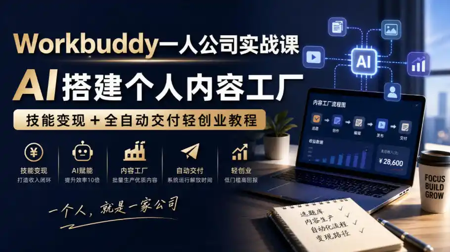 Workbuddy一人公司实战课，AI搭建个人内容工厂，技能变现+全自动交付轻创业教程-大伟资源网