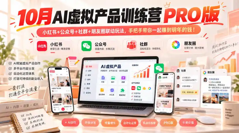 10月AI虚拟产品训练营PRO版，小红书+公众号+社群+朋友圈联动玩法，手把手带你一起赚到明年的钱！(更新1029)-小创项目网