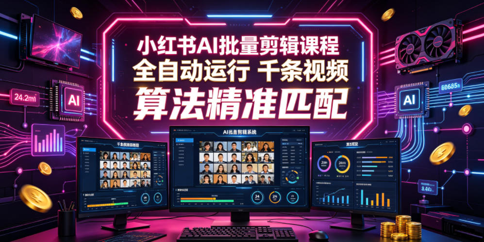 小红书AI批量剪辑课程，24小时全自动运行，解放双手专注运营，千条视频批量处理，小红书算法精准匹配-寒山客