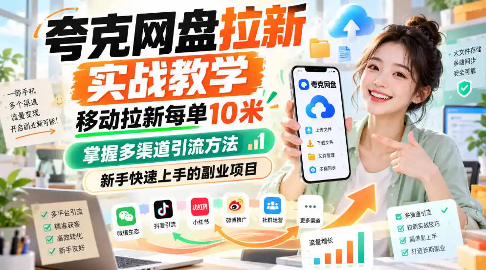 夸克网盘拉新实战教学，移动拉新每单10米，掌握多渠道引流方法，新手快速上手的副业项目-寒山客