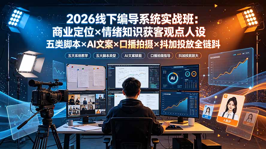2026线下编导系统实战班：商业定位×情绪知识获客观点人设五类脚本×AI文案×口播拍摄×抖加投放全链路-小创项目网