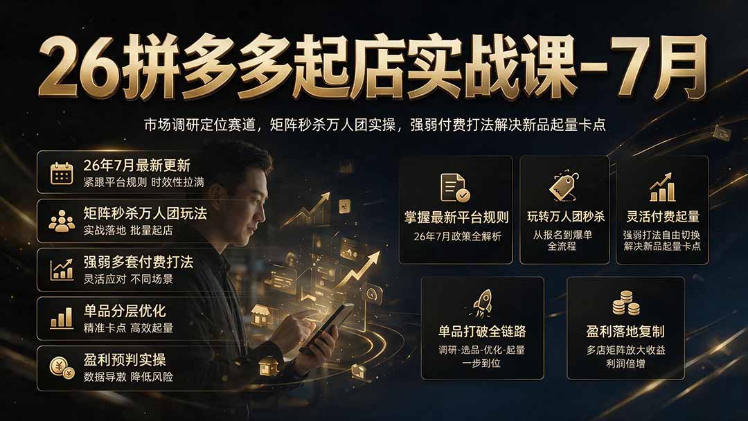 26拼多多起店实战课-7月｜市场调研定位赛道，矩阵秒杀万人团实操，强弱付费打法解决新品起量卡点-小创项目网