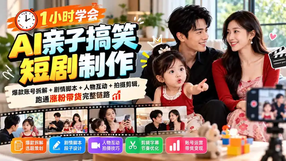 1小时学会AI亲子搞笑短剧制作：爆款账号拆解+剧情脚本+人物互动+拍摄剪辑，跑通涨粉带货完整链路-小创项目网