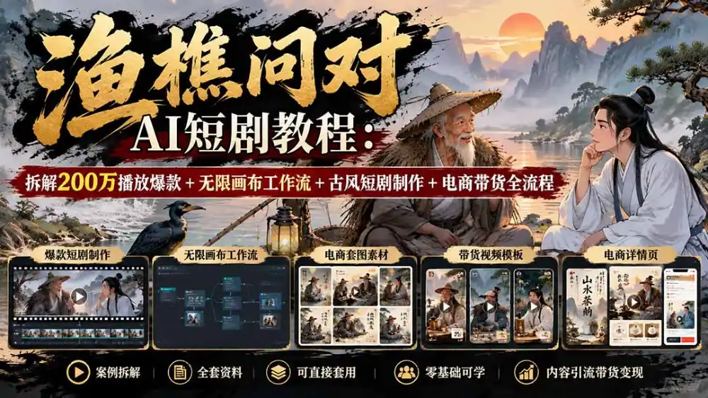 【无水印】渔樵问对AI短剧教程：拆解200万播放爆款+无限画布工作流+古风短剧制作+电商带货全流程-小创项目网