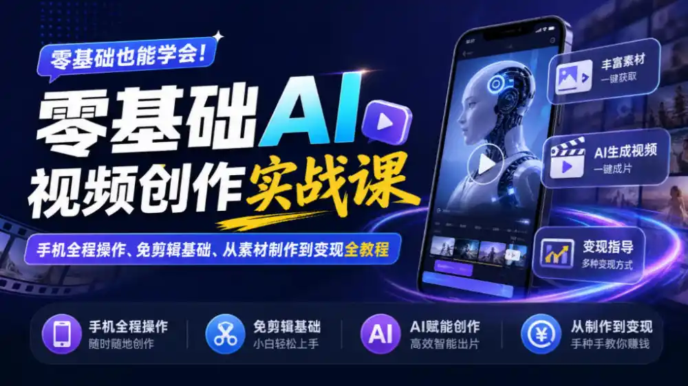零基础AI视频创作实战课｜手机全程操作、免剪辑基础、从素材制作到变现全教程-小创项目网