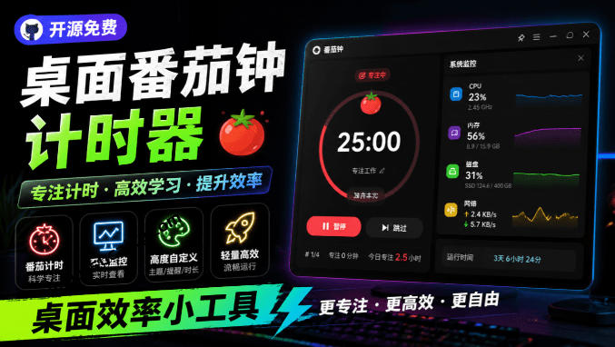 仅1.16MB，开源极简的桌面时钟、番茄钟计时器，还支持系统监控显示，桌面效率小工具Catime-寒山客