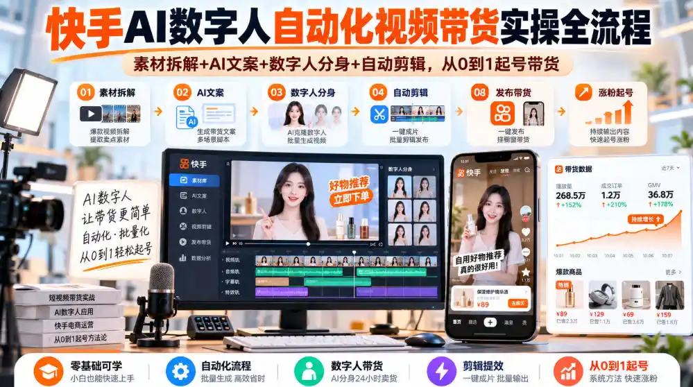 快手AI数字人自动化视频带货实操全流程｜素材拆解+AI文案+数字人分身+自动剪辑，从0到1起号带货(更新26年)-小创项目网