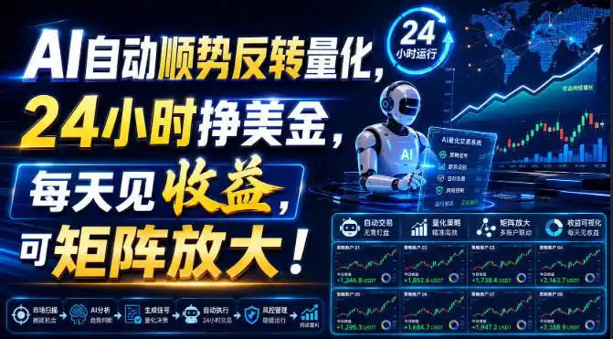 AI自动顺势反转量化，24小时挣美金，每天见收益，可矩阵放大！【揭秘】-小创项目网