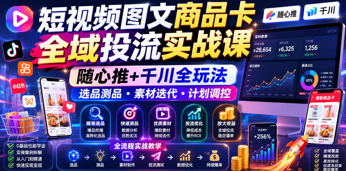 短视频图文商品卡全域投流实战课，随心推+千川全玩法，选品测品・素材迭代・计划调控，提升ROI爆单增收教程-寒山客
