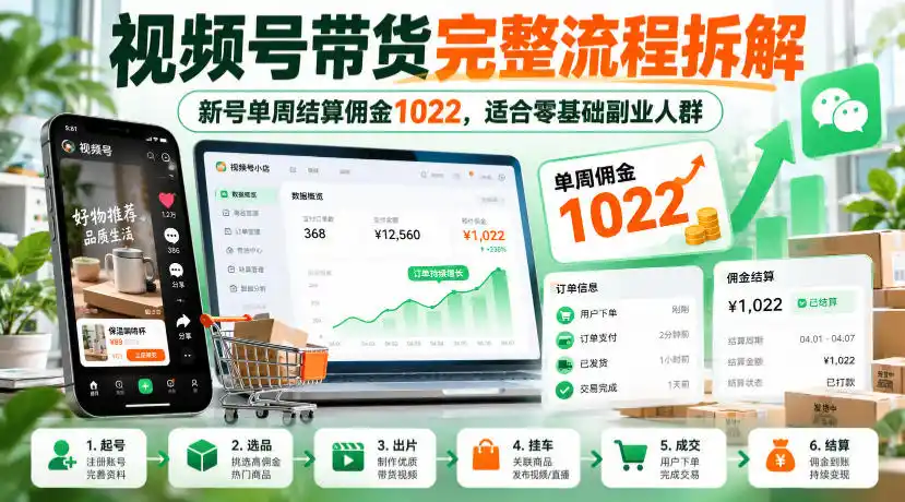 视频号带货完整流程拆解，新号单周结算佣金1022，适合零基础副业人群-小创项目网
