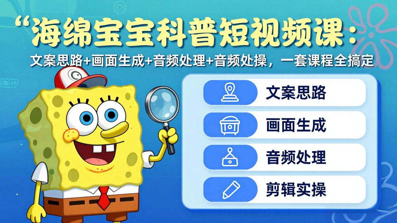 海绵宝宝科普短视频课：文案思路+画面生成+音频处理+剪辑实操，一套课程全搞定-小创项目网