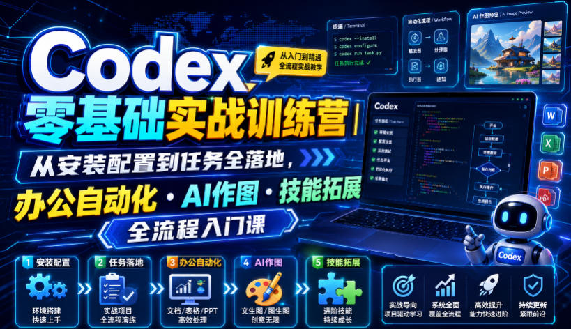 Codex零基础实战训练营｜从安装配置到任务全落地，办公自动化・AI作图・技能拓展全流程入门课-小创项目网