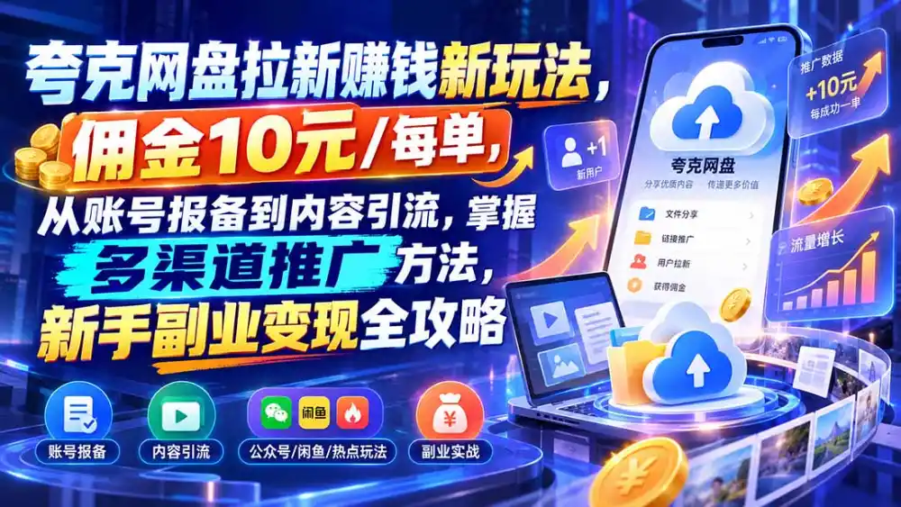 夸克网盘拉新赚钱新玩法，佣金10元/每单，从账号报备到内容引流，掌握多渠道推广方法，新手副业变现全攻略-小创项目网