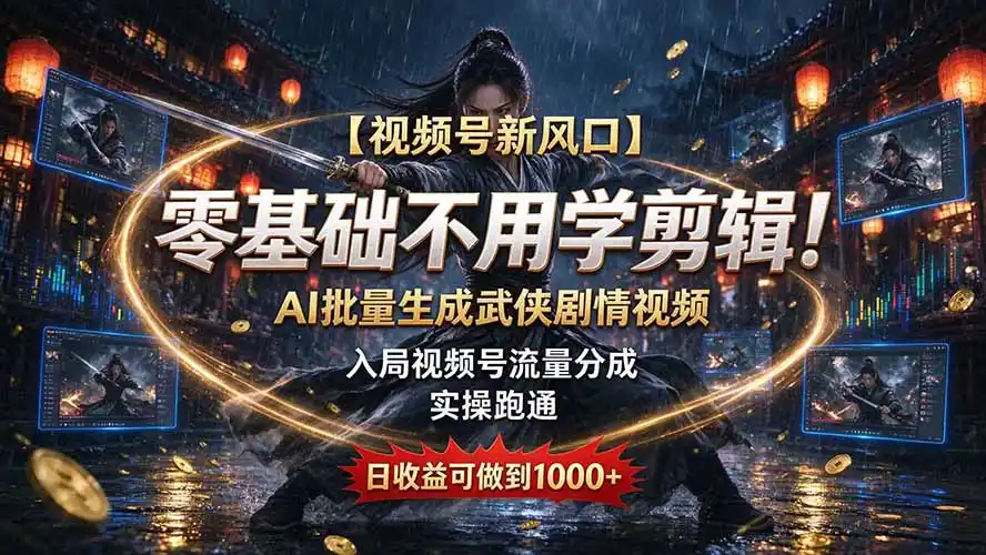 【视频号新风口】零基础不用学剪辑！AI 批量生成武侠剧情视频，入局视频号流量分成，实操跑通，日收益可做到 1000+-小创项目网