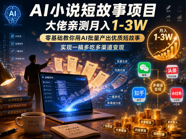 AI小说短故事项目，大佬亲测月入1-3W，零基础教你用AI批量产出优质短故事，实现一稿多吃多渠道变现(更新0624)-寒山客