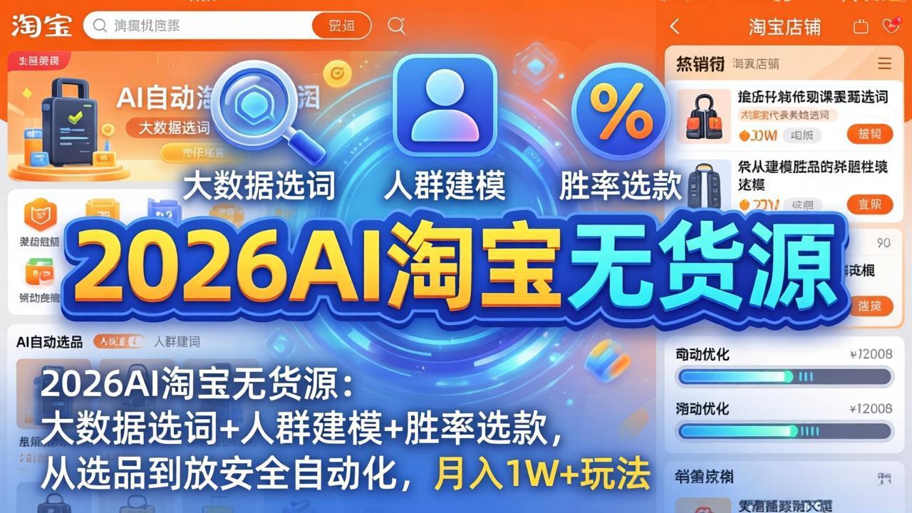 2026AI淘宝无货源：大数据选词+人群建模+胜率选款，从选品到放大全自动化，月入1W+玩法-小创项目网