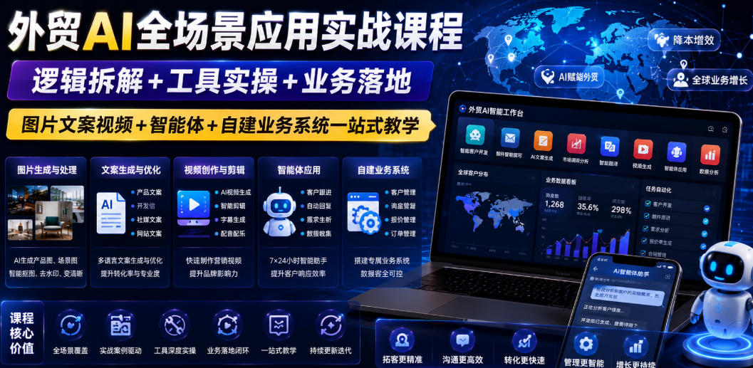 外贸AI全场景应用实战课程｜逻辑拆解+工具实操+业务落地，图片文案视频+智能体+自建业务系统一站式教学-寒山客