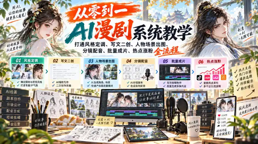 从零到一AI漫剧系统教学，打通风格定调、写文二创、人物场景出图、分镜配音、批量成片、热点涨粉全流程-寒山客